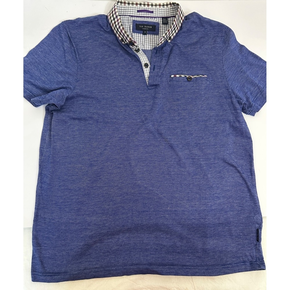 Ted Baker Men's Polo Shirt Midnight Blue Check Collar Pocket 100% Cotton Size 4 - Picture 10 of 10